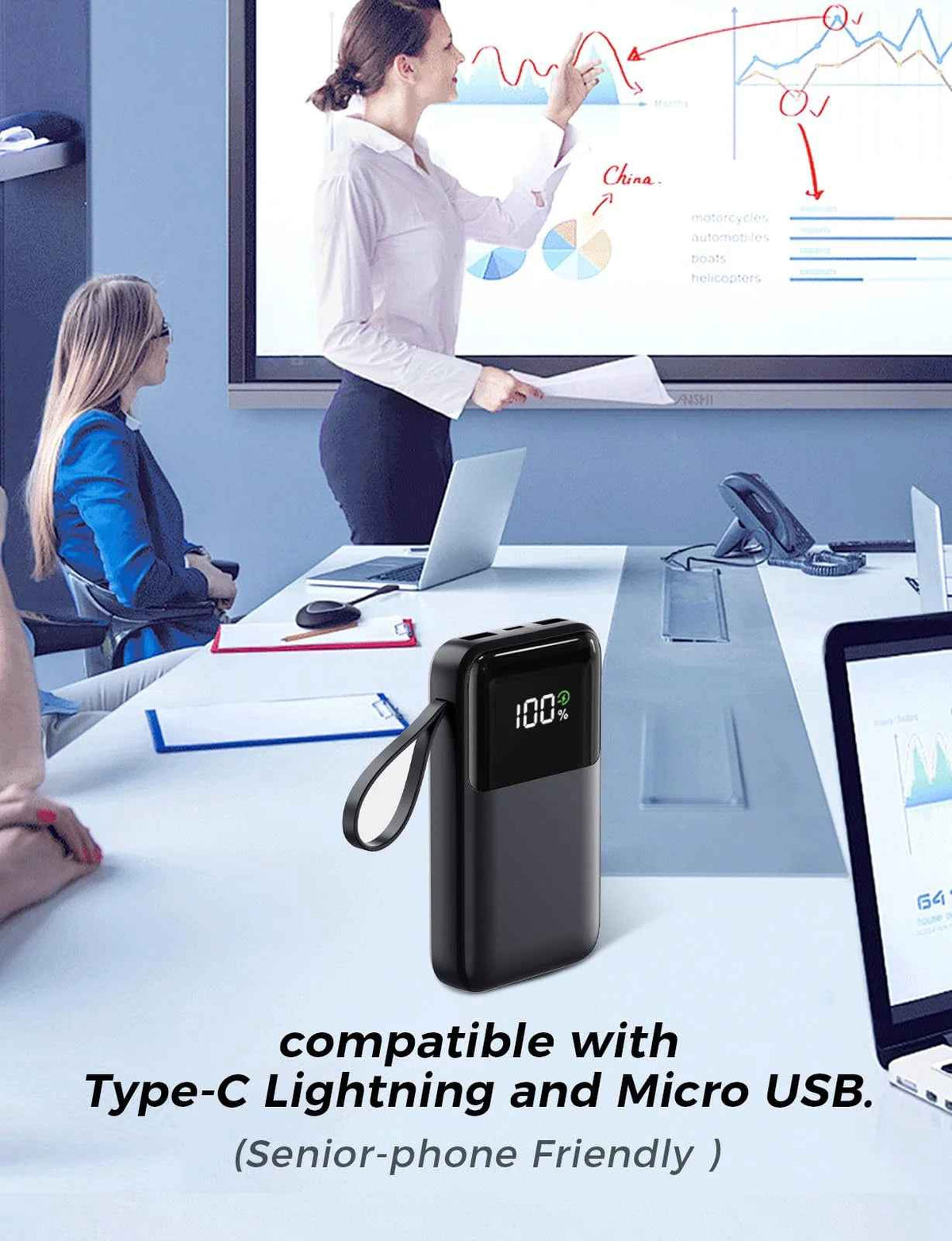 15,000mAh Power Bank | 22.5W Fast Charging, Built-In Cables, 6 Outputs, LED Display — Black