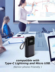 15,000mAh Power Bank | 22.5W Fast Charging, Built-In Cables, 6 Outputs, LED Display — Black