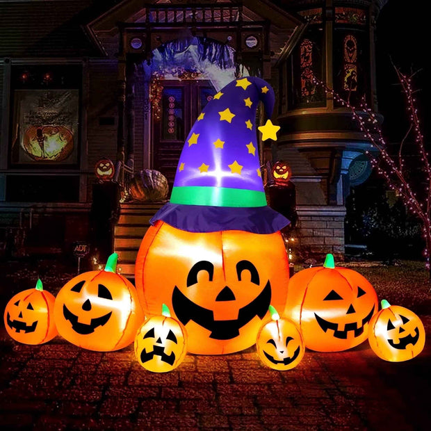 8.7ft Halloween Inflatable Pumpkin Stack | 7 Pumpkins + Witch Hat, Built-In LED Lights, UL Certified Yard Decor