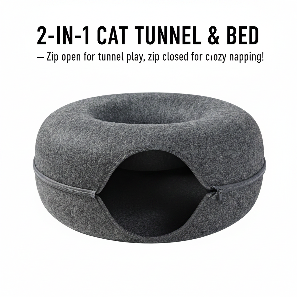 Donut Cat Tunnel Bed & Cave – Natural Felt Pet House with Interactive Toy for Cats - Gold Store Business