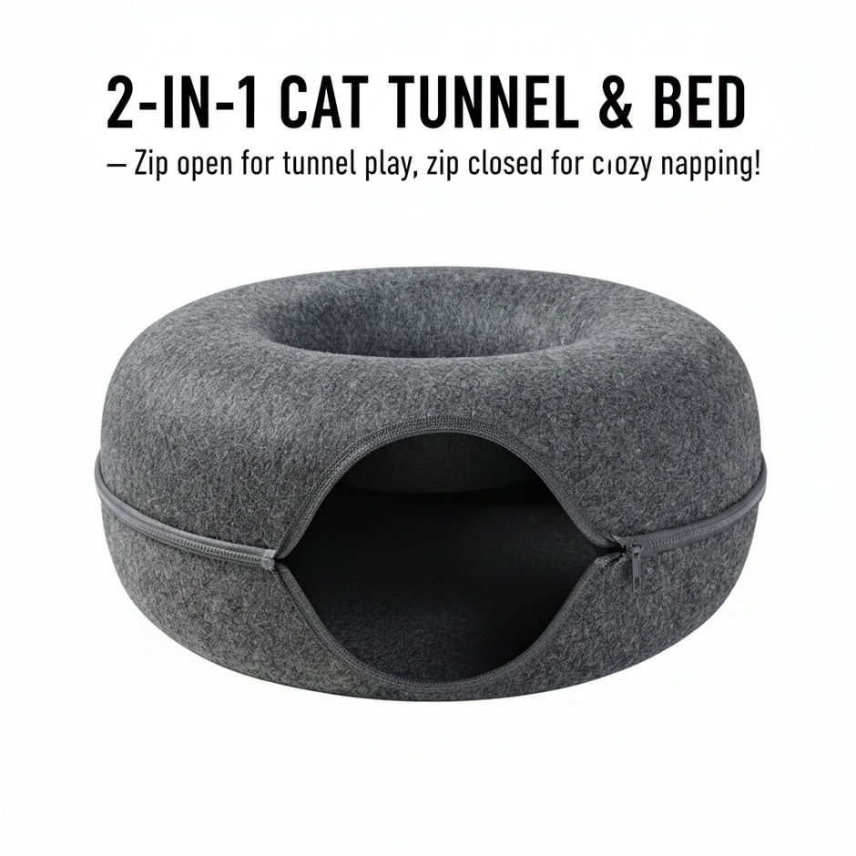 Donut Cat Tunnel Bed & Cave – Natural Felt Pet House with Interactive Toy for Cats - Gold Store Business
