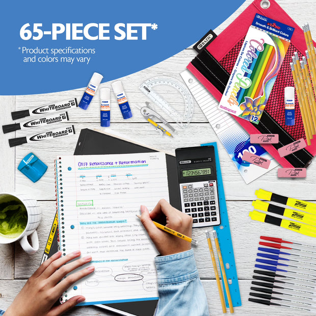BAZIC Middle High School Kit Bundle Supplies Box 65 Count for Student 7-12 Grades,  School Supplies Composition Books Binder and More, SPEC MAY VARY, 1-Pack