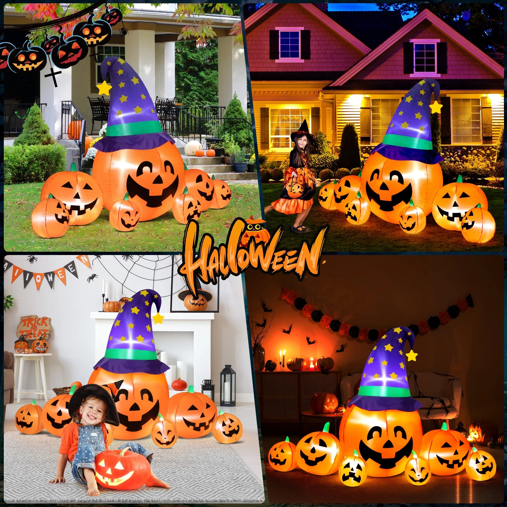 8.7Ft Halloween Inflatables Pumpkins 7 Blow up Decor with Witches Hat, Built-In LED Lights for Halloween Party, Yard, Garden, Lawn