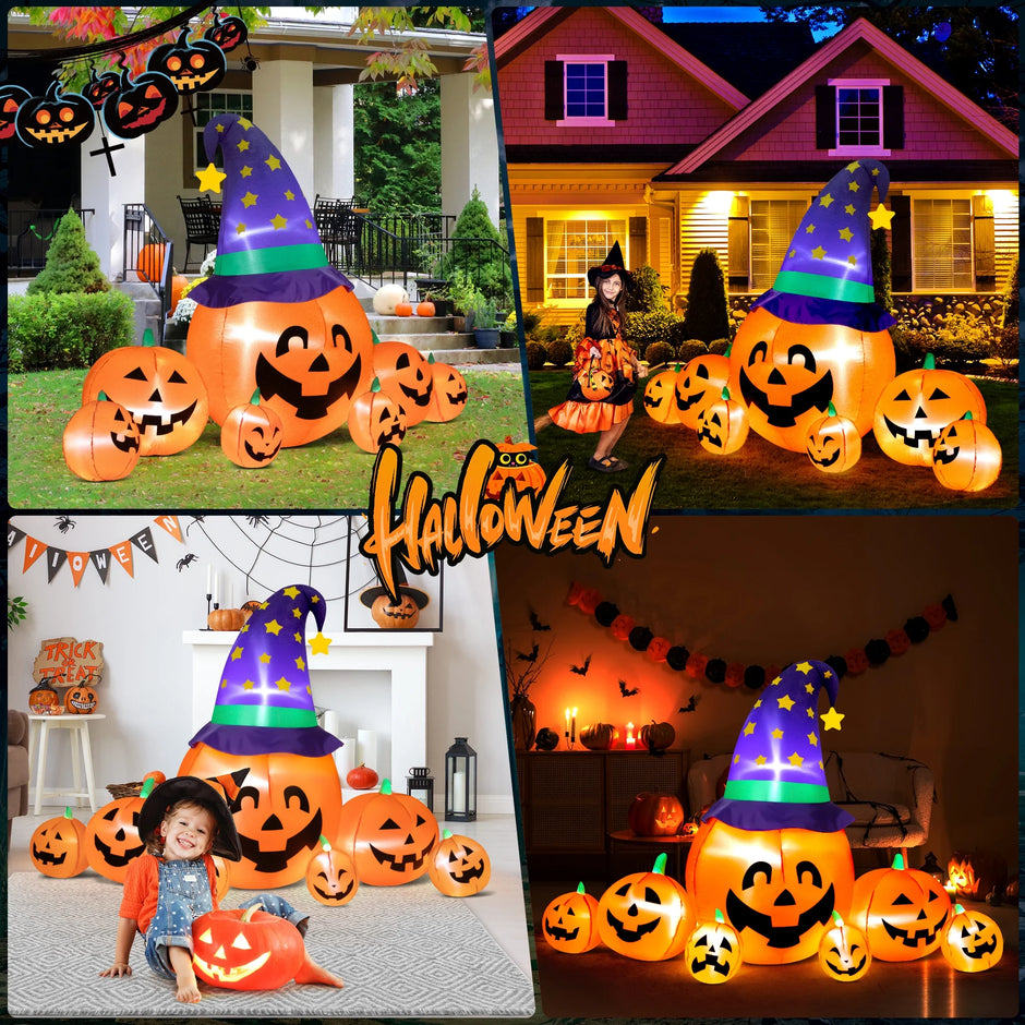 8.7Ft Halloween Inflatables Pumpkins 7 Blow up Decor with Witches Hat, Built-In LED Lights for Halloween Party, Yard, Garden, Lawn