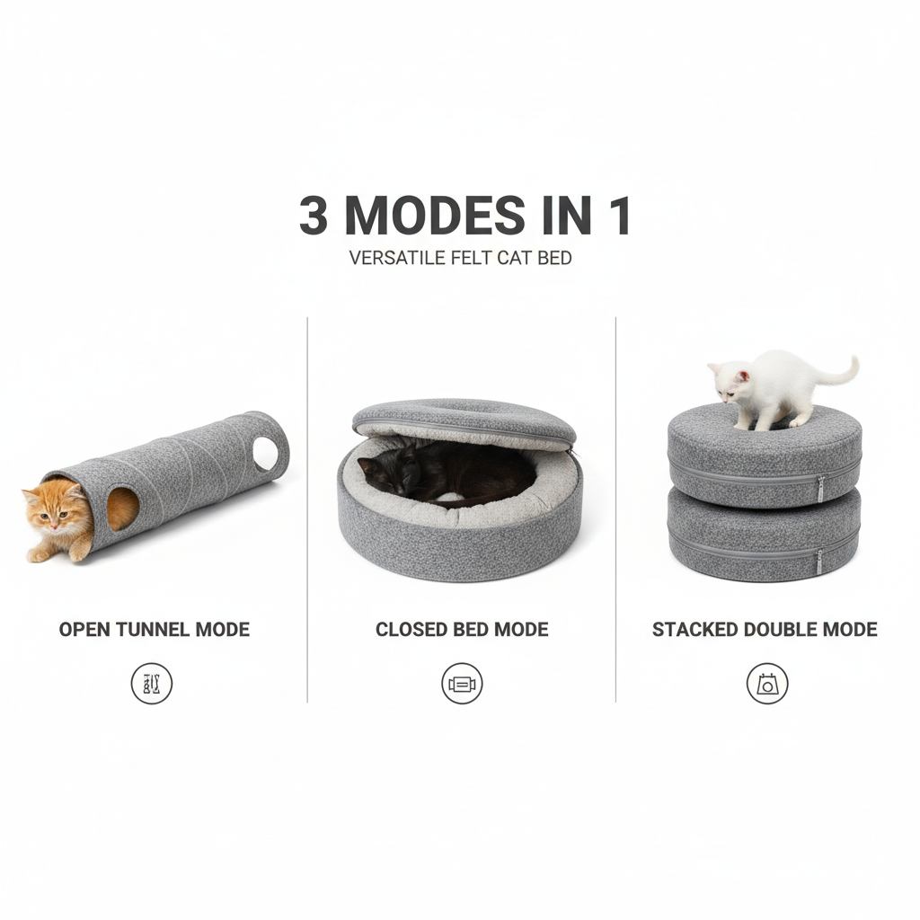 Donut Cat Tunnel Bed & Cave – Natural Felt Pet House with Interactive Toy for Cats - Gold Store Business
