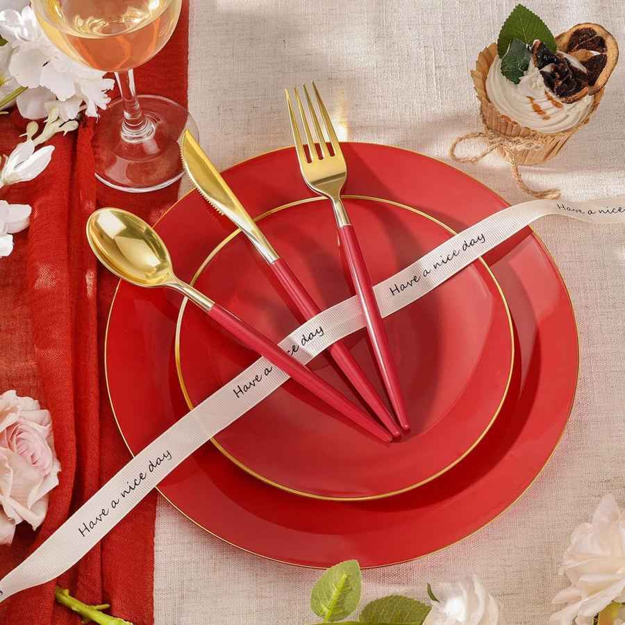 350-Piece Red & Gold Disposable Dinnerware Set — Plates, Cups, Napkins & Utensils for 50 Guests
