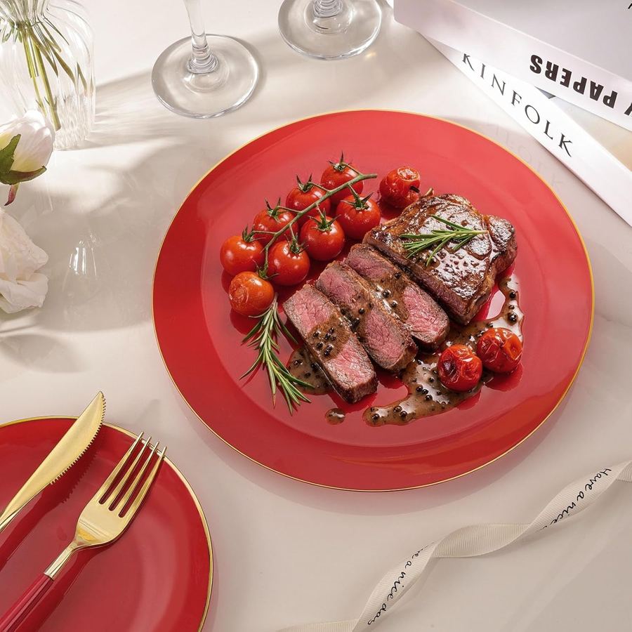 Red gold plates holiday table decor