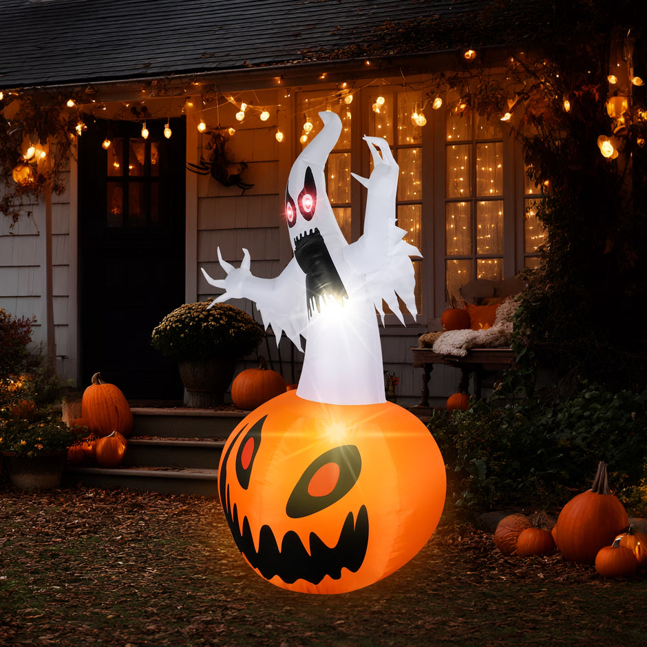 5 Ft Halloween Inflatable Pumpkin Halloween Inflatable Pumpkins and Ghost Outdoor Yard Decoration Build-In 4 LED Lights