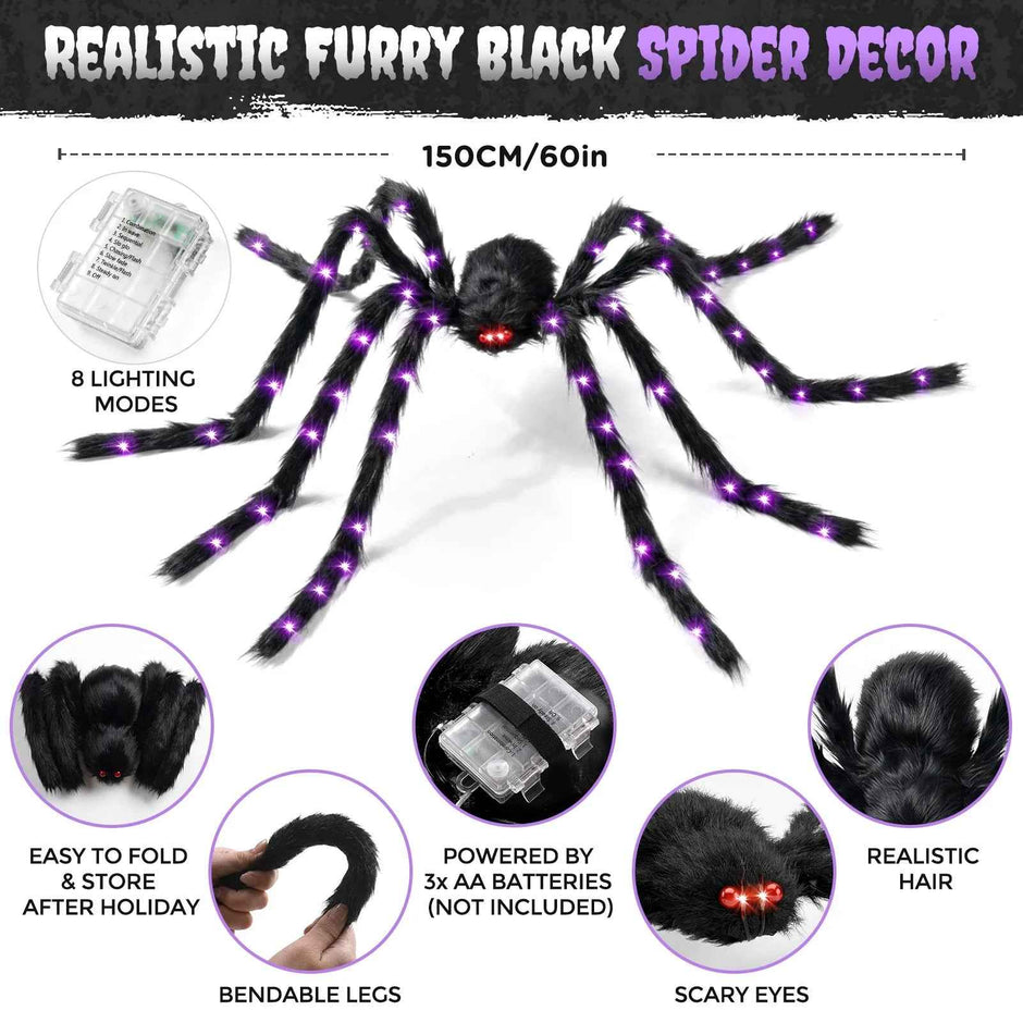 5ft Giant Light-Up Halloween Spider | Hairy Plush, Purple LED Legs, Poseable — Indoor & Outdoor Decor