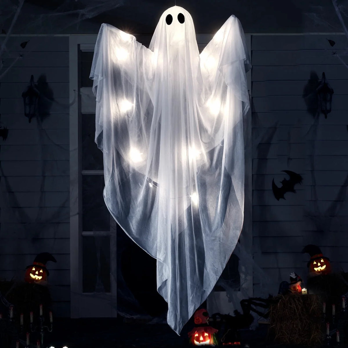 47 Inch Hanging Ghosts Halloween Decor,Halloween Light up White Ghosts with Spooky White LED Light,Halloween Outdoor Yard Porch Decorations,Haunted House Decorations