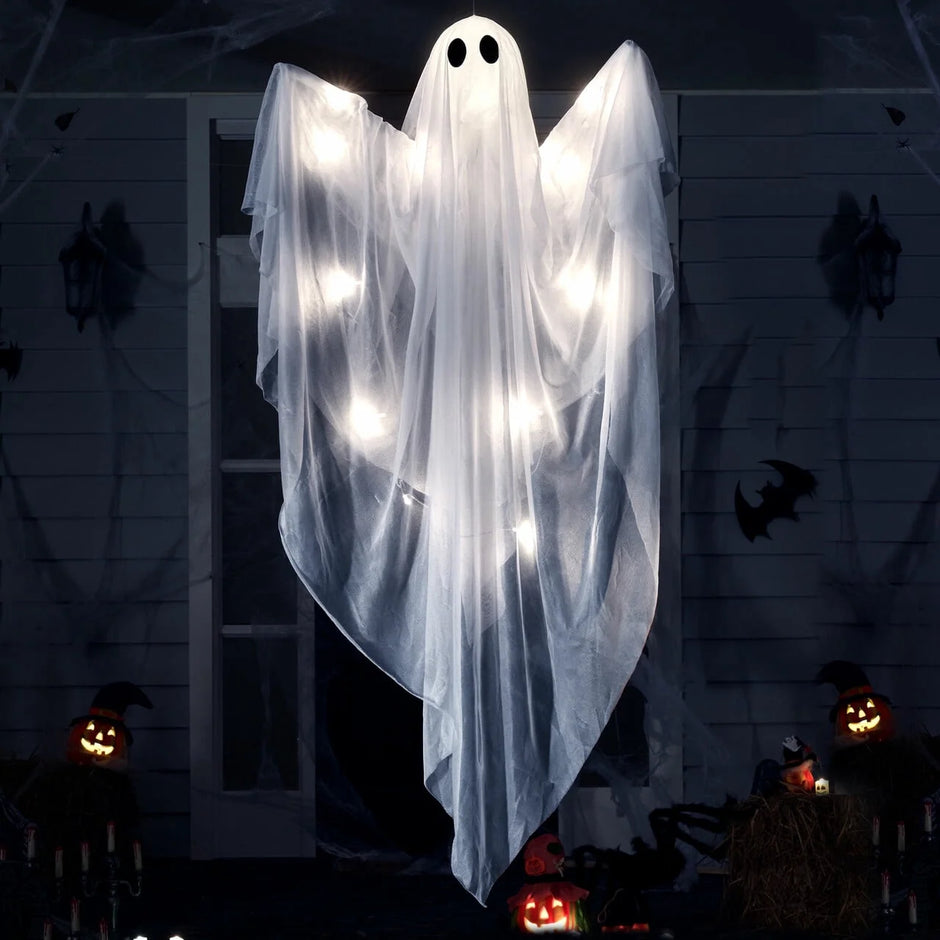 47 Inch Hanging Ghosts Halloween Decor,Halloween Light up White Ghosts with Spooky White LED Light,Halloween Outdoor Yard Porch Decorations,Haunted House Decorations