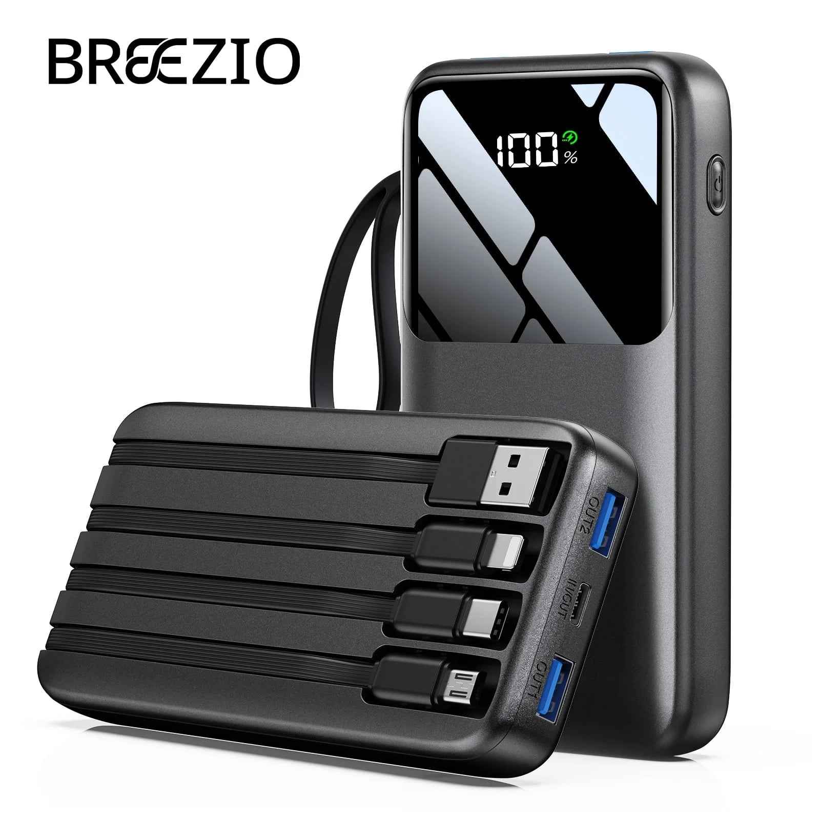 15,000mAh Power Bank | 22.5W Fast Charging, Built-In Cables, 6 Outputs, LED Display — Black