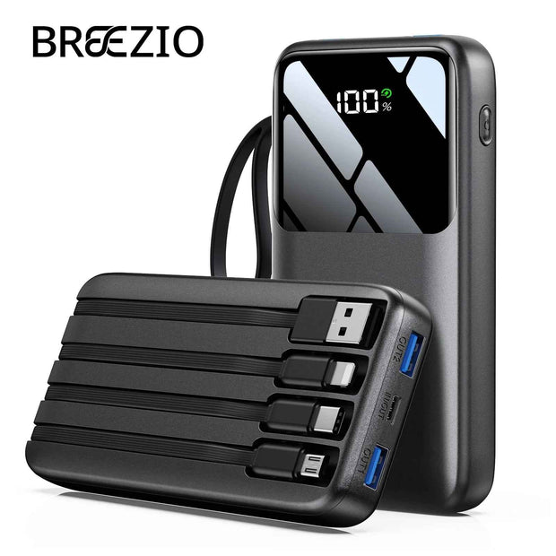 15,000mAh Power Bank | 22.5W Fast Charging, Built-In Cables, 6 Outputs, LED Display — Black