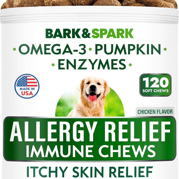 Dog Allergy Relief Chews - Anti-Itch Skin & Coat Supplement - Omega 3 Fish Oil - Itchy Skin Relief Treatment Pills - Itching&Paw Licking - Dry Skin&Hot Spots - (120 Ct - Chicken)