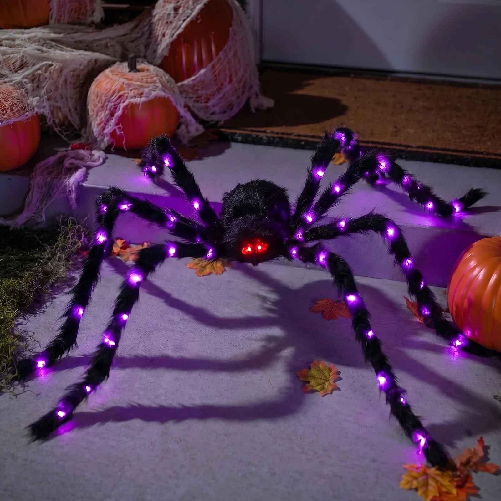 5ft Giant Light-Up Halloween Spider | Hairy Plush, Purple LED Legs, Poseable — Indoor & Outdoor Decor
