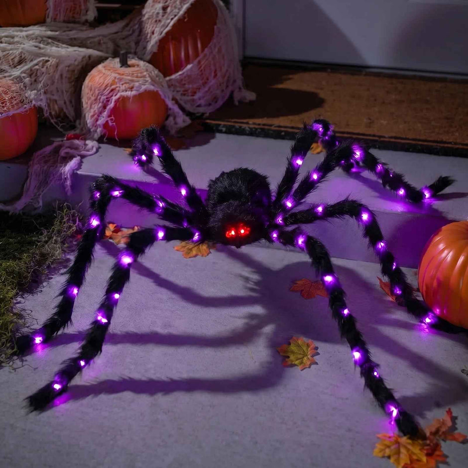 5ft Giant Light-Up Halloween Spider | Hairy Plush, Purple LED Legs, Poseable — Indoor & Outdoor Decor