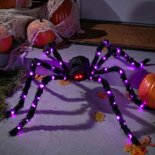 5ft Giant Light-Up Halloween Spider | Hairy Plush, Purple LED Legs, Poseable — Indoor & Outdoor Decor