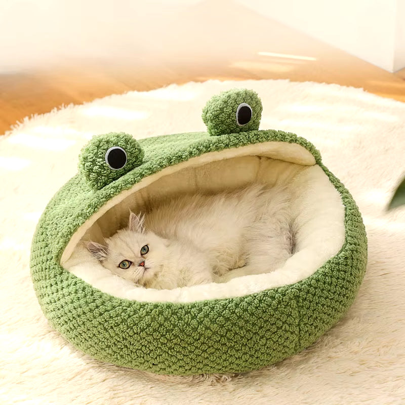 Frog-Shaped Plush Pet Nest – Warm Winter Dog Den & Cat Villa Semi-Enclosed Kitten Puppy House - Gold Store Business
