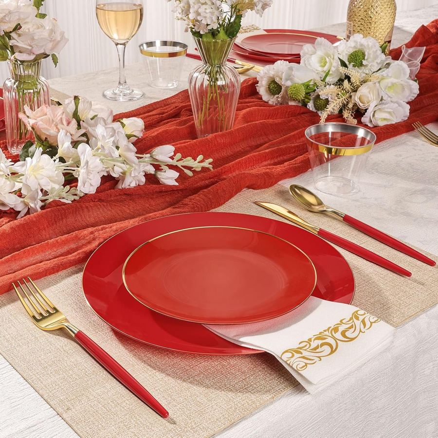 Red dinnerware set service for 50 guests size chart