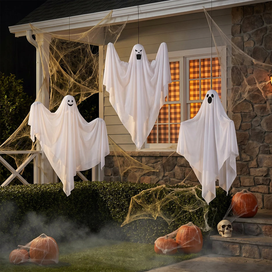 Halloween Hanging Ghosts Outdoor Decoration(3 Pack), Cute Flying Ghosts for Halloween Yard Garden Porch Party Decorations