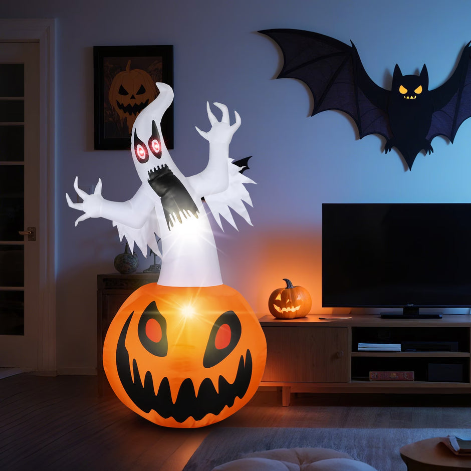5 Ft Halloween Inflatable Pumpkin Halloween Inflatable Pumpkins and Ghost Outdoor Yard Decoration Build-In 4 LED Lights