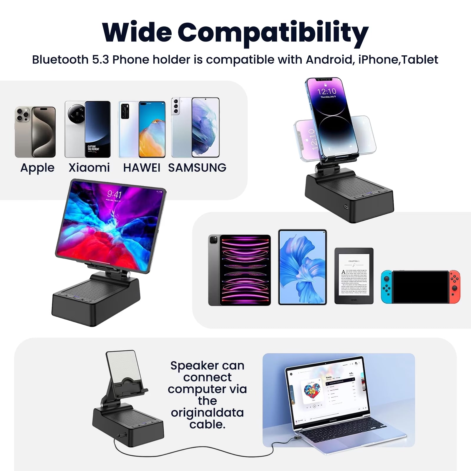 Bluetooth Speaker with Phone Stand -  2 in 1 Portable HD Surround Sound Speaker, Foldable Adjustable Phone Tablet Holder for Home Office, Gifts for Men Women