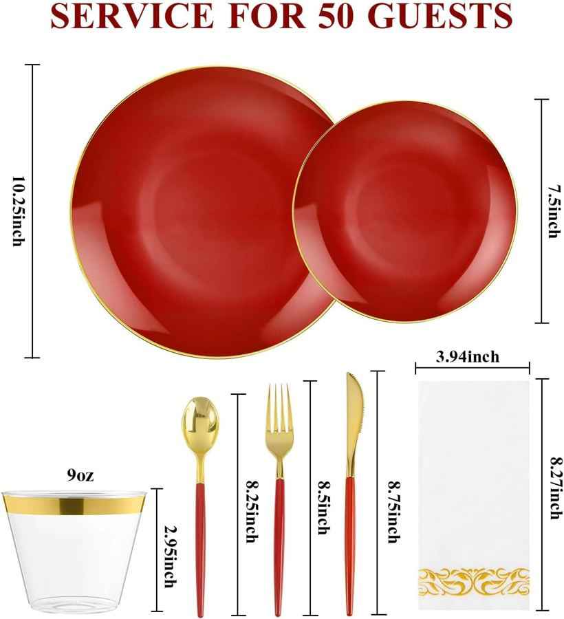 350-Piece Red & Gold Disposable Dinnerware Set — Plates, Cups, Napkins & Utensils for 50 Guests
