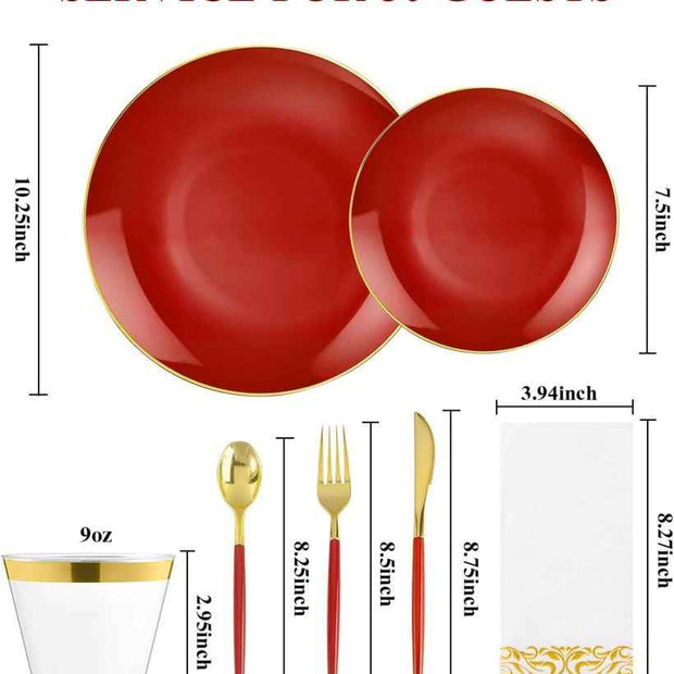 350-Piece Red & Gold Disposable Dinnerware Set — Plates, Cups, Napkins & Utensils for 50 Guests