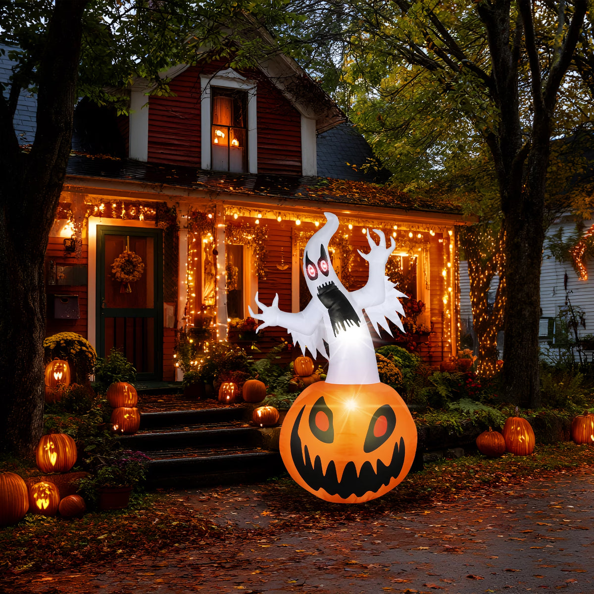 5 Ft Halloween Inflatable Pumpkin Halloween Inflatable Pumpkins and Ghost Outdoor Yard Decoration Build-In 4 LED Lights