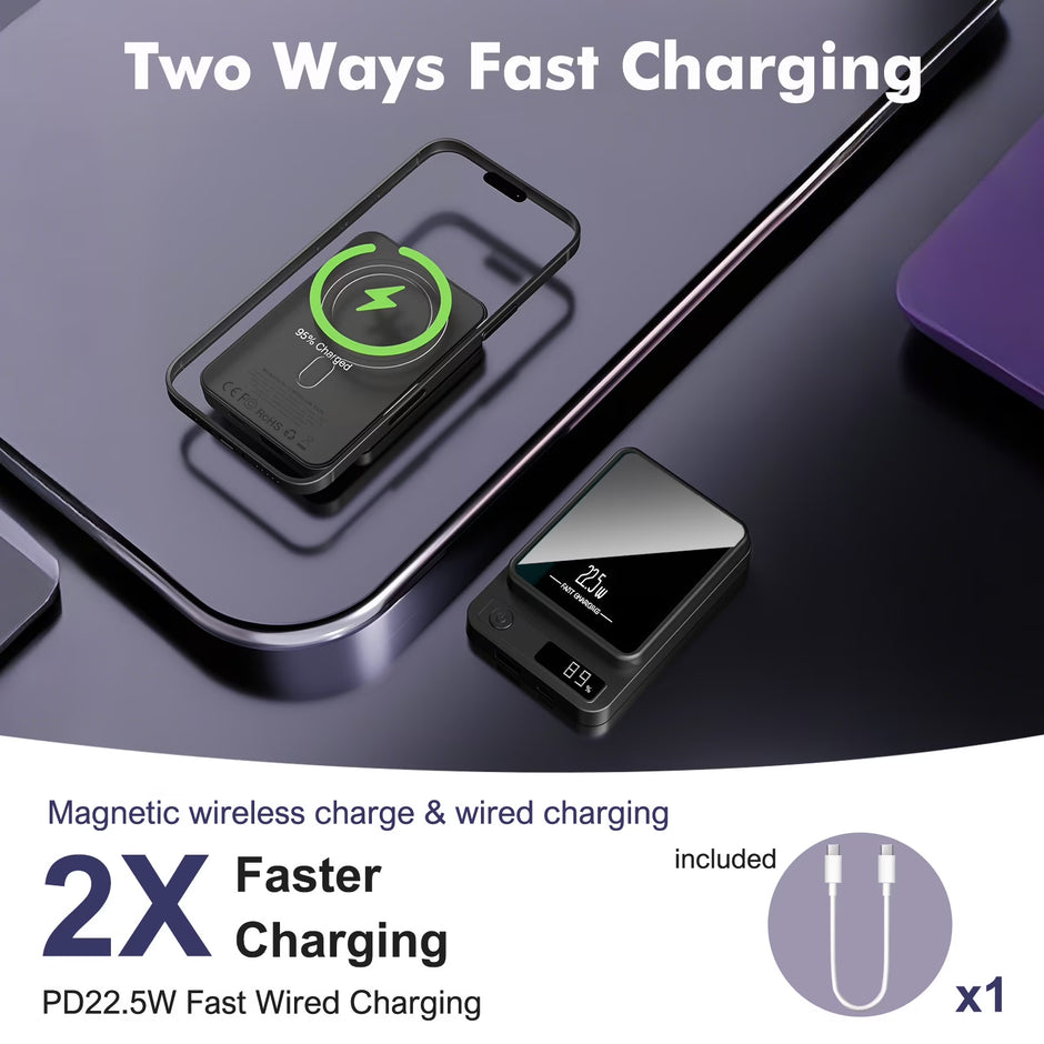 Magnetic Portable Charger,10000Mah Power Bank 22.5W Fast Charging Battery Bank with LED Display,Wireless&Wired USB-C Cable Travel Wireless Charger for Iphone 17-12,Andriod Phones,Black
