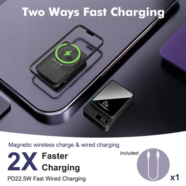 Magnetic Portable Charger,10000Mah Power Bank 22.5W Fast Charging Battery Bank with LED Display,Wireless&Wired USB-C Cable Travel Wireless Charger for Iphone 17-12,Andriod Phones,Black