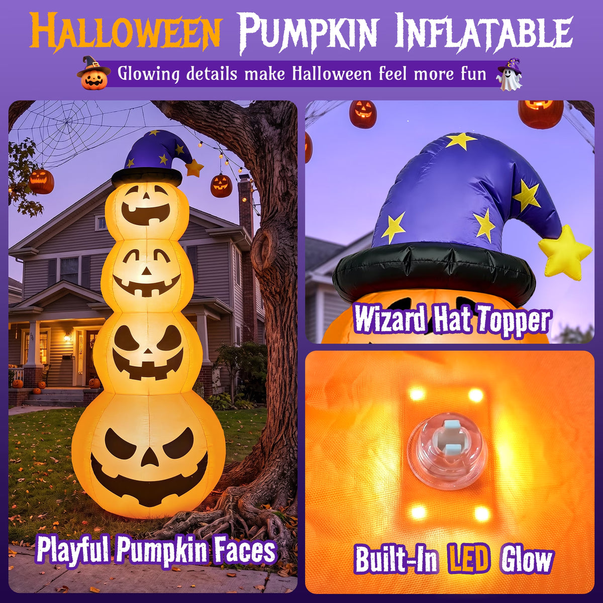 8 Ft Halloween Pumpkin Stack Inflatable Decoration with Witch Hat, Lighted Blow up Yard Decor for Outdoor Lawn Garden