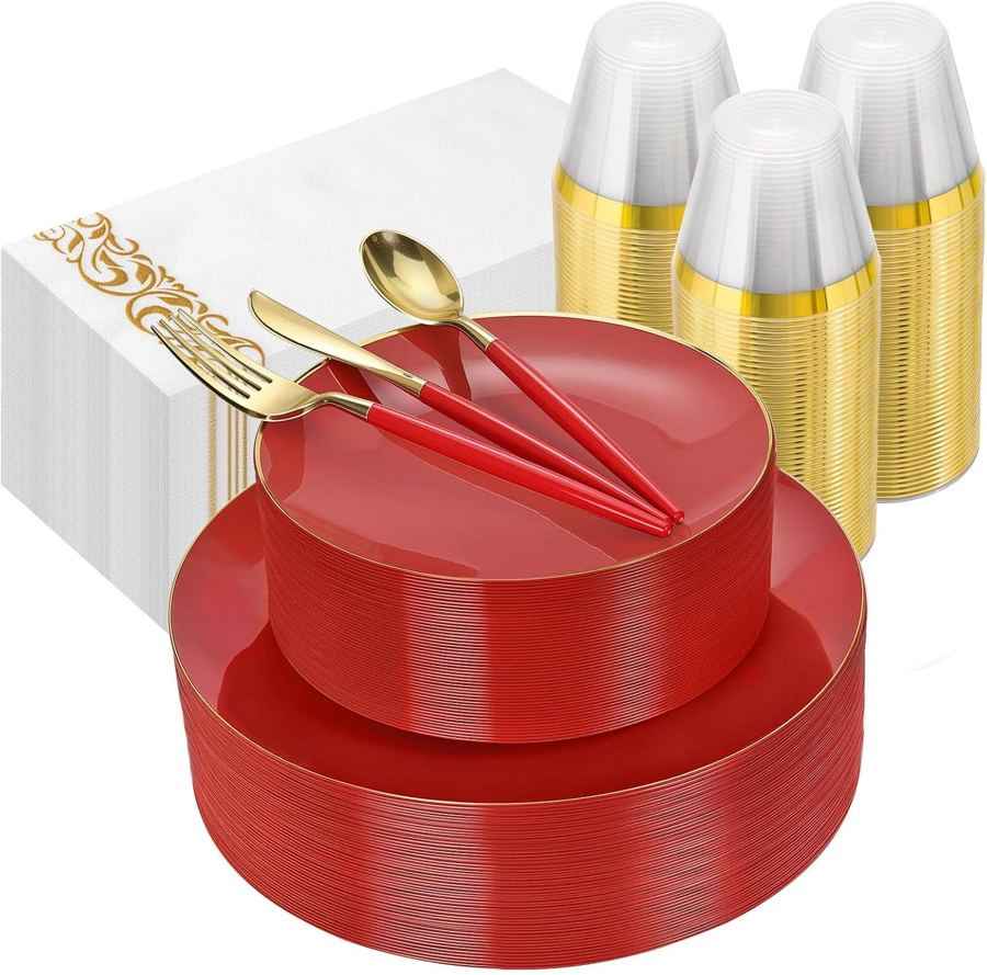 350-Piece Red & Gold Disposable Dinnerware Set — Plates, Cups, Napkins & Utensils for 50 Guests