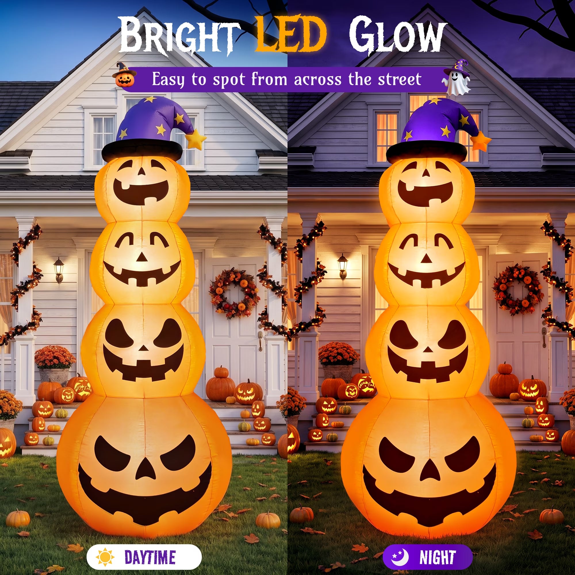 8 Ft Halloween Pumpkin Stack Inflatable Decoration with Witch Hat, Lighted Blow up Yard Decor for Outdoor Lawn Garden