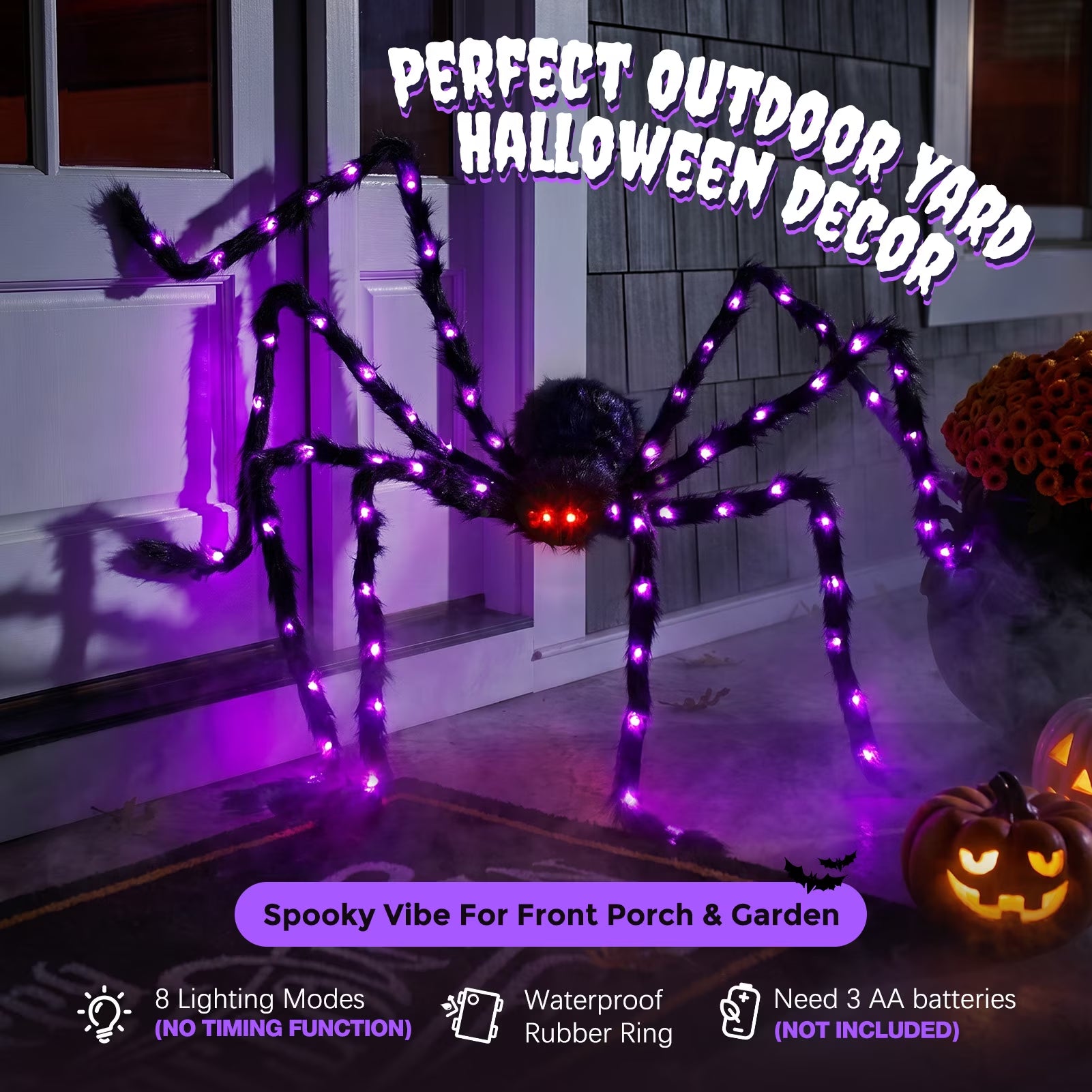 5Ft Giant Light-Up Halloween Spider, Scary Hairy Fabric Spider for Indoor Outdoor Yard Haunted House Decor, Purple