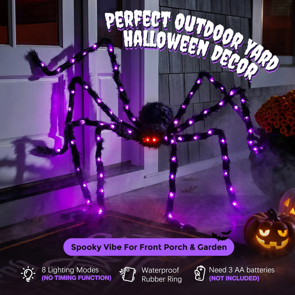5Ft Giant Light-Up Halloween Spider, Scary Hairy Fabric Spider for Indoor Outdoor Yard Haunted House Decor, Purple