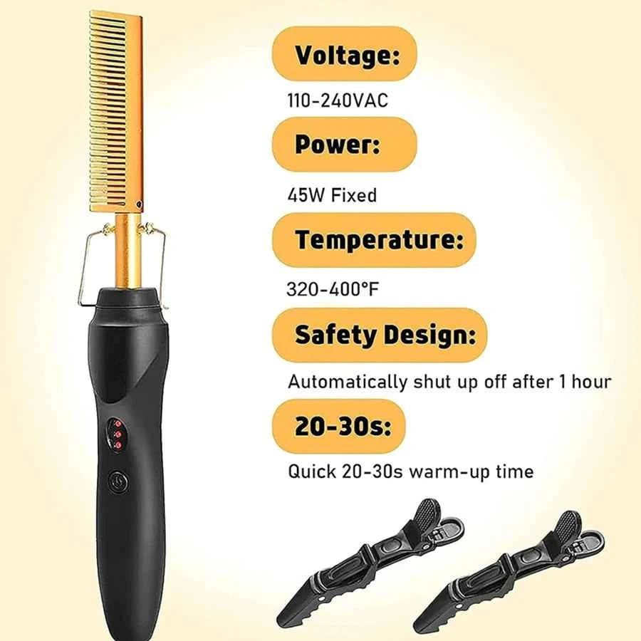 Electric Hot Comb Set – Hair Straightener & Curling Iron for Natural Hair and Wigs | Wig Glue & Wax Stick Included
