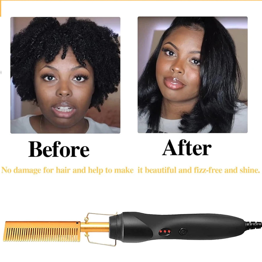 Electric Hot Comb Set – Hair Straightener & Curling Iron for Natural Hair and Wigs | Wig Glue & Wax Stick Included