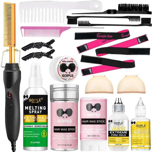Electric Hot Comb Set – Hair Straightener & Curling Iron for Natural Hair and Wigs | Wig Glue & Wax Stick Included
