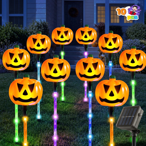 10 Pack Solar Halloween Lights Decorations Outdoor, Waterproof 5 Colors 6 Hours Light-Up Pumpkin Pathway Lights, Jack-O-Lantern Decor with Stakes,Scary Halloween Props for Party Porch Yard Deco