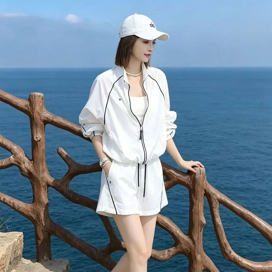 Women's Summer Sunscreen Leisure Sports Two-Piece Set | Zipper Jacket & Wide Leg Pants