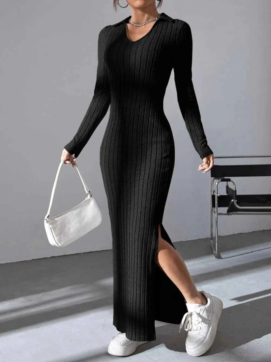 Knitted Slim V-Neck Long Sleeve Dress - Solid Color Ribbed Bodycon | S-XXL | 5 Colors