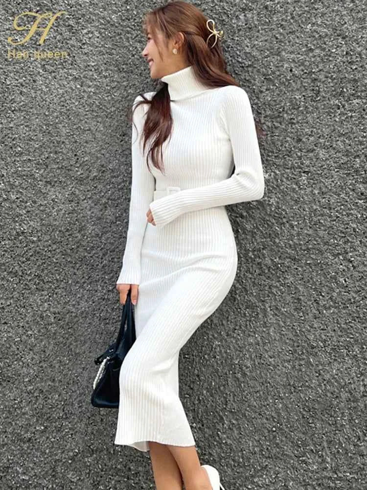 H Han Queen Turtleneck Knit Bodycon Midi Dress with Belt | High Stretch | 5 Colors | One Size