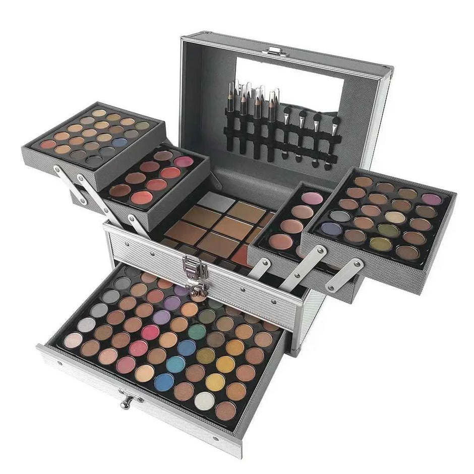 Pro Makeup Artist Case — 3-Layer Silver Aluminum Box | 94 Eyeshadows, Lipstick, Blush, Contour & More