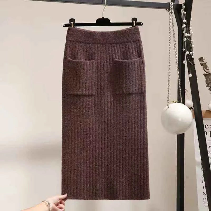 Spring Autumn Women's High Waist Knitted Mid-Calf Elastic Skirt Promotions Lady Patchwork Wrap Hip Spilt Solid Color Skirts
