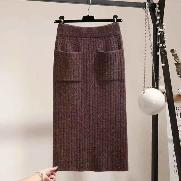 Spring Autumn Women's High Waist Knitted Mid-Calf Elastic Skirt Promotions Lady Patchwork Wrap Hip Spilt Solid Color Skirts
