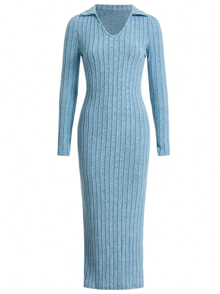 Knitted Slim V-Neck Long Sleeve Dress - Solid Color Ribbed Bodycon | S-XXL | 5 Colors
