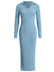 Knitted Slim V-Neck Long Sleeve Dress - Solid Color Ribbed Bodycon | S-XXL | 5 Colors