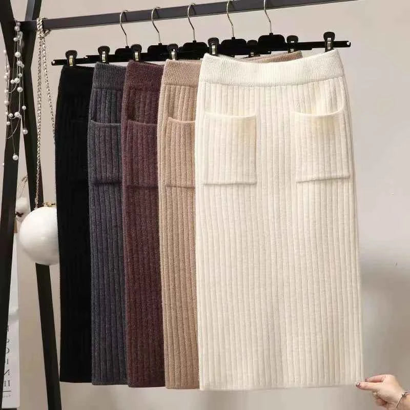 Spring Autumn Women's High Waist Knitted Mid-Calf Elastic Skirt Promotions Lady Patchwork Wrap Hip Spilt Solid Color Skirts