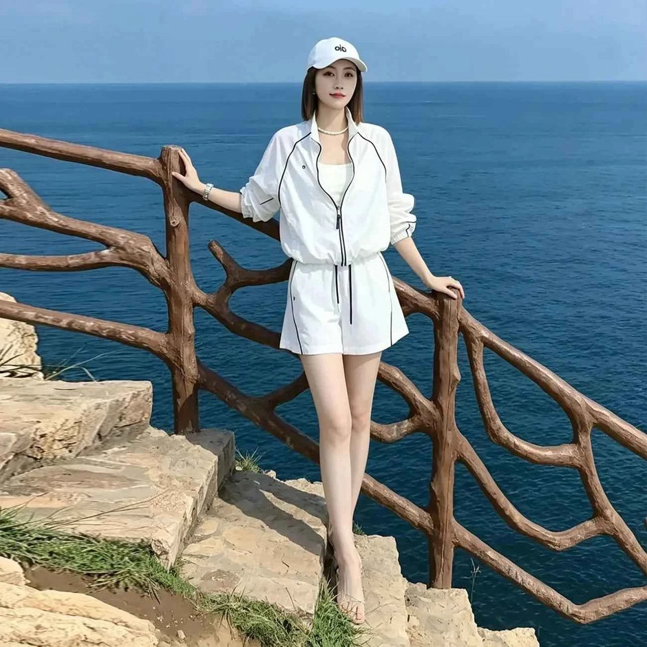 Women's Summer Sunscreen Leisure Sports Two-Piece Set | Zipper Jacket & Wide Leg Pants